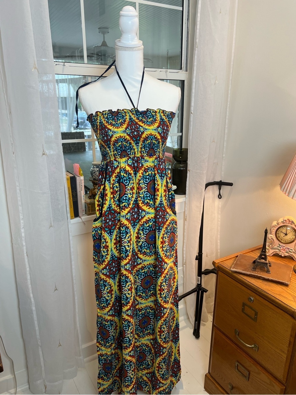 Band of gypsies Boho Patterned halter Maxi dress in Yellow and Blue size medium